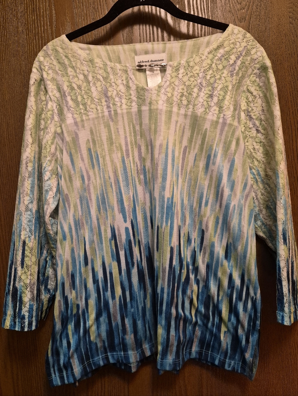 Alfred Dunner Abstract Blue Ombre Lace-Detail Women's Top M